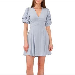 Short Puffed Sleeve V-Neck Suede Satin Mini Dress